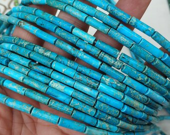 30cs/str- 4x13mm azul turquesa tubo de sedimento marino cuentas-jaspe imperial azul, cuentas de tubo de piedra azul, cuentas de cilindro azul