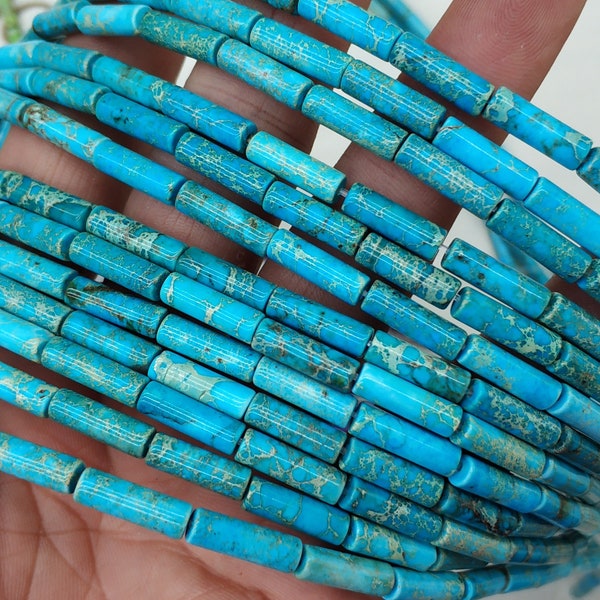 30cs/str- 4x13mm Turquoise Blue sea sediment tube Beads- Blue imperial jasper,Blue stone tube beads,blue cylinder beads