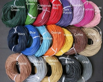 May include: Assortment of 20 spools of leather cord in various colors, including emerald green, Christmas green, Christmas red, bright red, dark purple, lavender, fuchsia, light pink, navy, blue, sky blue, orange, yellow, coffee, khaki, original, metallic silver, metallic gold, black, and gray.