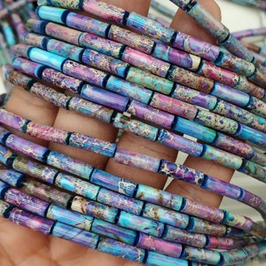 30cs/str- 4x13mm turquoise / violet sea sediment tube Beads- blue purple imperial jasper, violet stone tube beads,purple blue cylinder beads