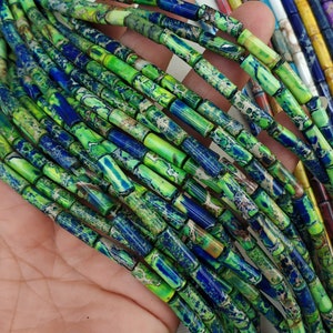 30cs/str- 4x13mm royal blue / green sea sediment tube Beads- blue green imperial jasper, green blue stone tube beads,green cylinder beads