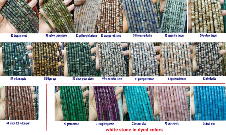May include: A collection of 14 different types of white stone beads dyed in various colors. The beads are arranged in rows, with each row representing a different color. The colors include red, orange, yellow, green, blue, purple, and pink. The beads are all approximately the same size and shape, and they are all strung on a string.