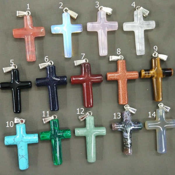 5 pcs/lot- pendentif croix en pierre 8x28x42 mm- oeil de tigre, jaspe rouge, sable bleu, quartz rose, opalite, aventurine verte, agate grise, turquoise bleu