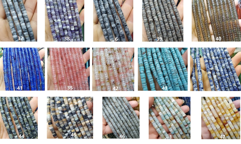 May include: A collection of 12 strands of various gemstone beads. The beads are all cylindrical and have a slightly irregular shape. The colors of the beads include blue, green, brown, gray, pink, and white.