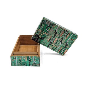 Puede incluir: Una caja de madera verde y cobre con un diseño de placa de circuito. La caja está abierta y el interior está vacío.