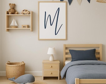 Navy Blue Letter M Initial Wall Print | Digital Nursery Alphabet Art | A4 A3 8x10 Sizes