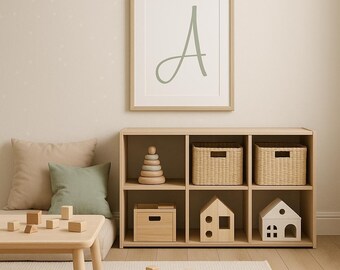 Sage Green Letter A Nursery Print: Initial Alphabet Poster (Digital Download A4 A3 8x10 Sizes)