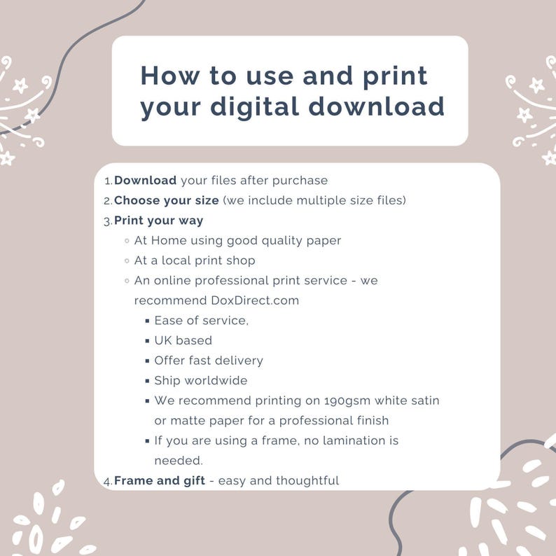 Instruction graphic on how to use and print your digital download from Etsy. Steps include downloading files, choosing size, printing at home or via a professional service like DoxDirect, and framing as a thoughtful gift. Recommends 190gsm white satin or matte paper for best results