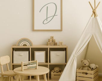 Impresión de la letra D en verde salvia: Arte inicial minimalista para habitación infantil (descarga digital)