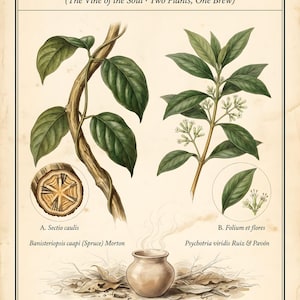 May include: A botanical print titled AYAHUASCA featuring illustrations of Banisteriopsis caapi vine and Psychotria viridis leaves and flowers. Includes a cross-section of the vine, a steaming clay pot, and scientific labels on a cream background.