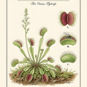 Puede incluir: Una ilustración botánica titulada DIONAEA MUSCIPULA (Ellis.) The Venus Flytrap. Muestra una planta verde con trampas de interior rojo y un tallo floral alto. Tres diagramas etiquetados A, B y C representan el mecanismo de captura de la planta.