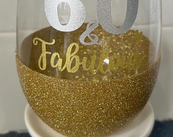 60th Birthday Gifts For Women-60th Birthday Wine Glass-60th Gift For Her-60 And Fab-60th Birthday Gift Ideas-Glitter Wine Glass