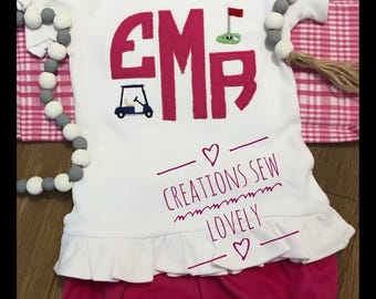 Personalized Girls Golf Applique Shirt, Monogrammed Bloomer Set