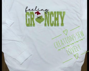 Embroidered Grinchy Christmas Sweatshirt, Holiday Applique