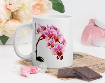 Personalisierte Becher, rosa Orchidee Becher, Blume Druck Becher, Muttertagsgeschenk, Becher für sie, Becher Geschenk, Kaffeebecher, benutzerdefinierte Becher, Trinkgeschirr, Keramik-Becher