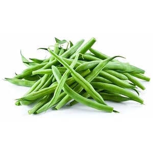 May include: A bunch of fresh green string beans, piled together on a white background.