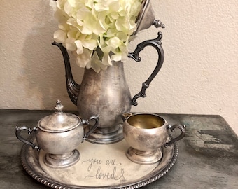 Hand Painted Vintage Wm Rogers Tea Pot, Sugar Bowl, Creamer, Tray. Tea Set Farmhouse Decor Mother’s Day Gift