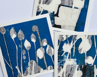 QUIET THOUGHTS COLLECTION single square cards, blue and white, plant pots, garden cards, botanical, artist's cards, cards from screen prints