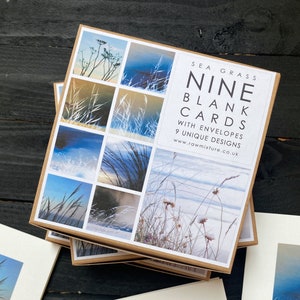 May include: A box of nine blank cards with envelopes featuring unique designs of seagrass. The box is brown with white text that reads "Sea Grass Nine Blank Cards with Envelopes 9 Unique Designs www.rawmixture.co.uk".