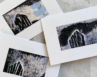 Winter Landscape Art Card: Snowy Night Collagraph Print (A6)