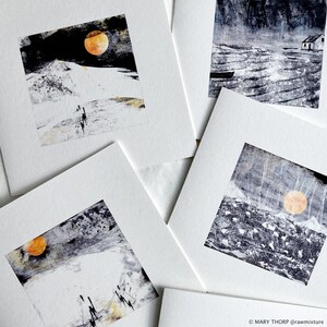 Winter landscape blank cards JOURNEY NORTH, snowy hills, mountains, bothy, adventure, lakes, original art, cards to frame