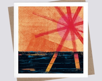 HELLO SUNSHINE sun and ocean single large square greetings card