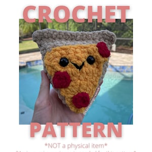 May include: Crochet pattern for a pizza slice amigurumi. The pattern is available for free on katiebeingcreative.com. The image shows a crocheted pizza slice with red pepperoni and a smiling face.
