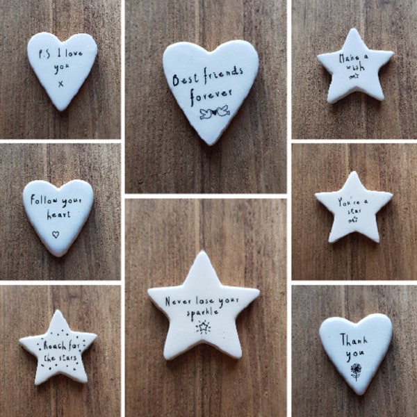 White Ceramic Heart Star Sentiment Love Pocket Token Hearts Stars Lots Designs