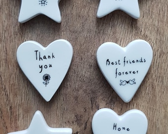 White Ceramic Heart Star Sentiment Love Pocket Token Hearts Stars Lots Designs
