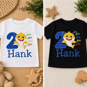 Camiseta de cumpleaños para niño bordada con diseño de tiburón