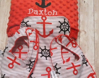 Newborn Nautical Theme Embroidered Personalized Newborn Blanket 3 Piece Set