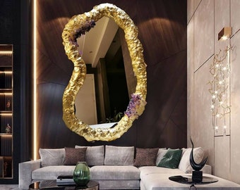 Full length Gold Mirror, Large Assymetrical   Gold Frame Mirror, Home Interior Modern Wall Mirror