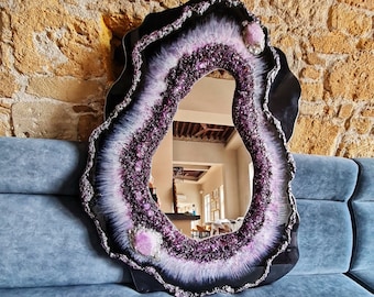 Large irregular wall mirror decorated with amethysts , One-of-a-Kind Asymmetrical Mirror