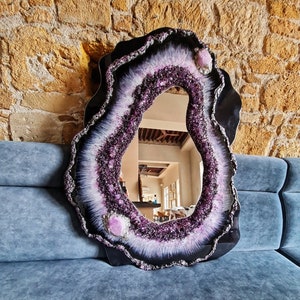 Large irregular wall mirror decorated with amethysts , One-of-a-Kind Asymmetrical Mirror