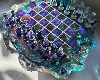 Handmade Resin Chess Set, Iridescent Epoxy Board Game, Crystal Blue Chess Pieces, Unique Art Chess Set, Collectible Gift