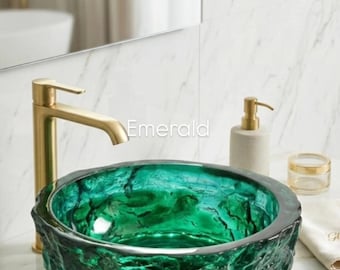 Resin Green Emerald Sink | Handmade Bathroom Basin with Genuine Fluorite | Luxury Vanity Sink | Unique Resin Art Sink | Custom Wash Bowl
