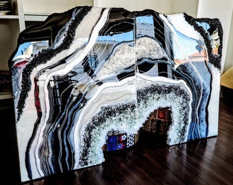 Black & White Resin Geode Wall Art: Large Abstract Painting