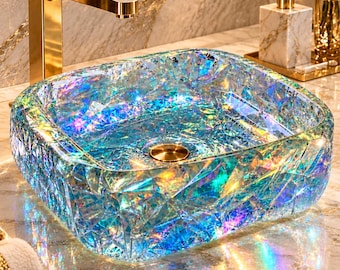 Handmade Resin Vessel Sink, Iridescent Crystal Wash Basin, Modern Bathroom Decor