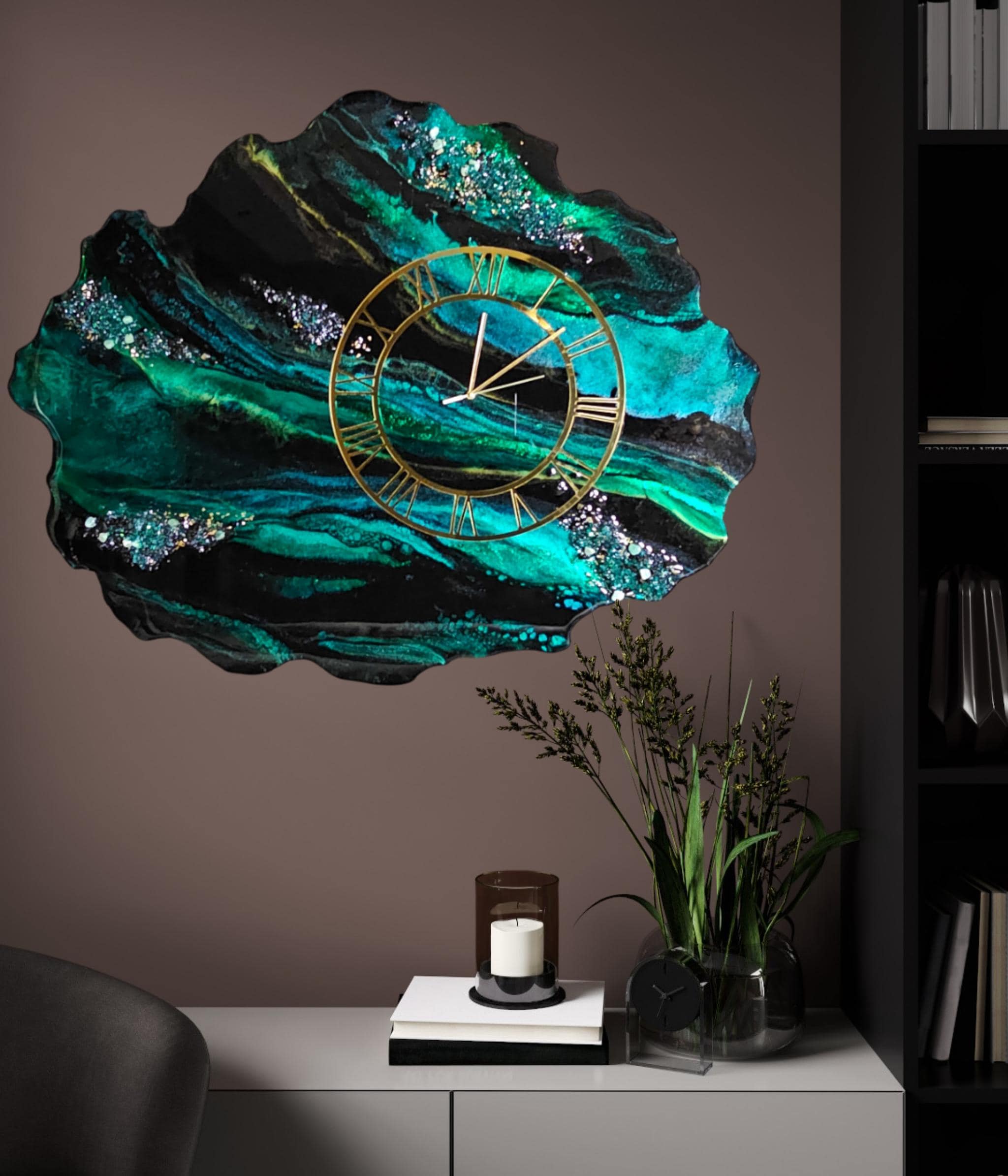 Emerald Green Geode Resin Clock, Large Epoxy Wall Art, Gold Roman