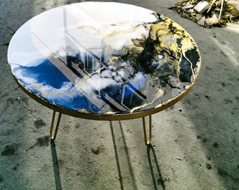 Handmade Epoxy Resin Coffee Table: Galaxy Marble, Gold Hairpin Legs