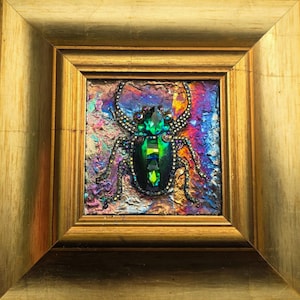 Jeweled Green Scarab Beetle Wall Art, Miniature Painting, Gold Framed Insect Artwork, Gothic Decor image 1