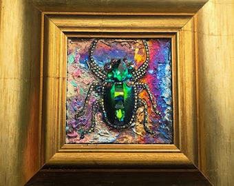 Jeweled Green Scarab Beetle Wall Art, Miniature Painting, Framed Insect Artwork, Gothic Decor, Crystal Bug Sculpture, Unique Gigt