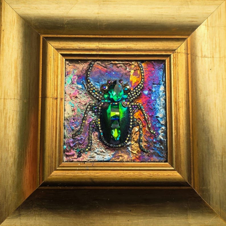 Jeweled Green Scarab Beetle Wall Art, Miniature Painting, Gold Framed Insect Artwork, Gothic Decor image 1