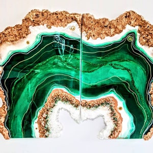 Emerald Green Resin Geode Painting: Gold Leaf Diptych Art
