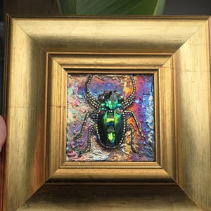 Jeweled Green Scarab Beetle Wall Art, Miniature Painting, Gold Framed Insect Artwork, Gothic Decor image 4