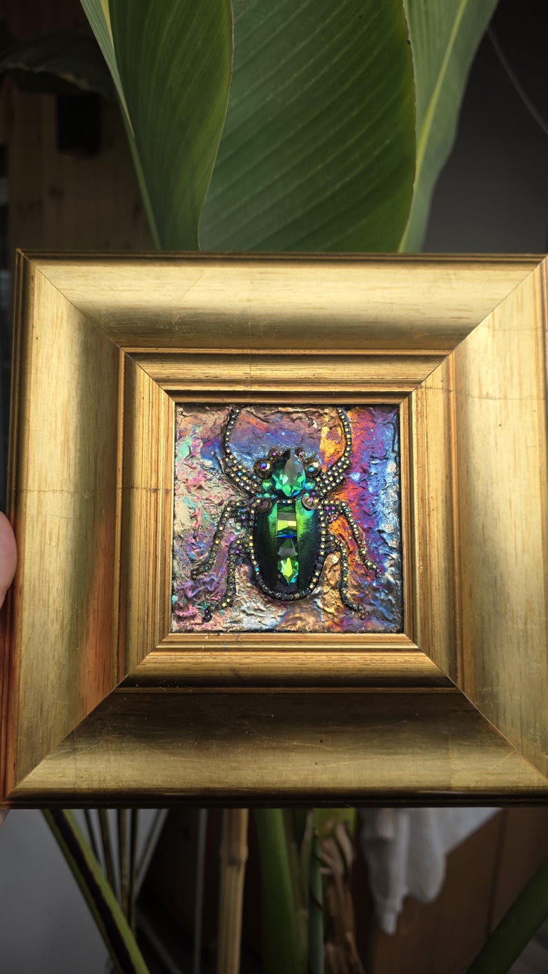 Jeweled Green Scarab Beetle Wall Art, Miniature Painting, Gold Framed Insect Artwork, Gothic Decor image 4