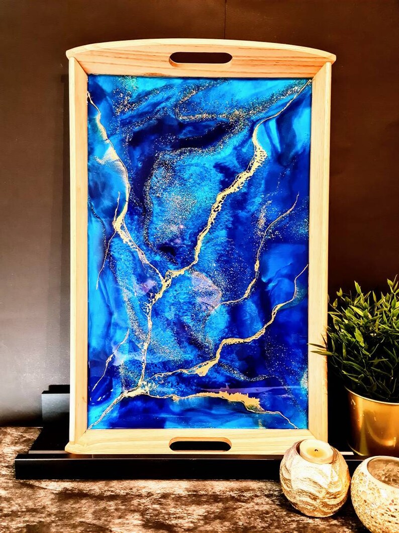 Blue Wooden Tray Coffee Table Tray Custom Serving Resin Etsy