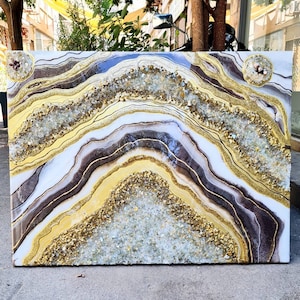 White & Gold Resin Geode Wandkunst: Großes abstraktes Bild