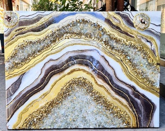 White & Gold Resin Geode Wall Art: Large Abstract Painting