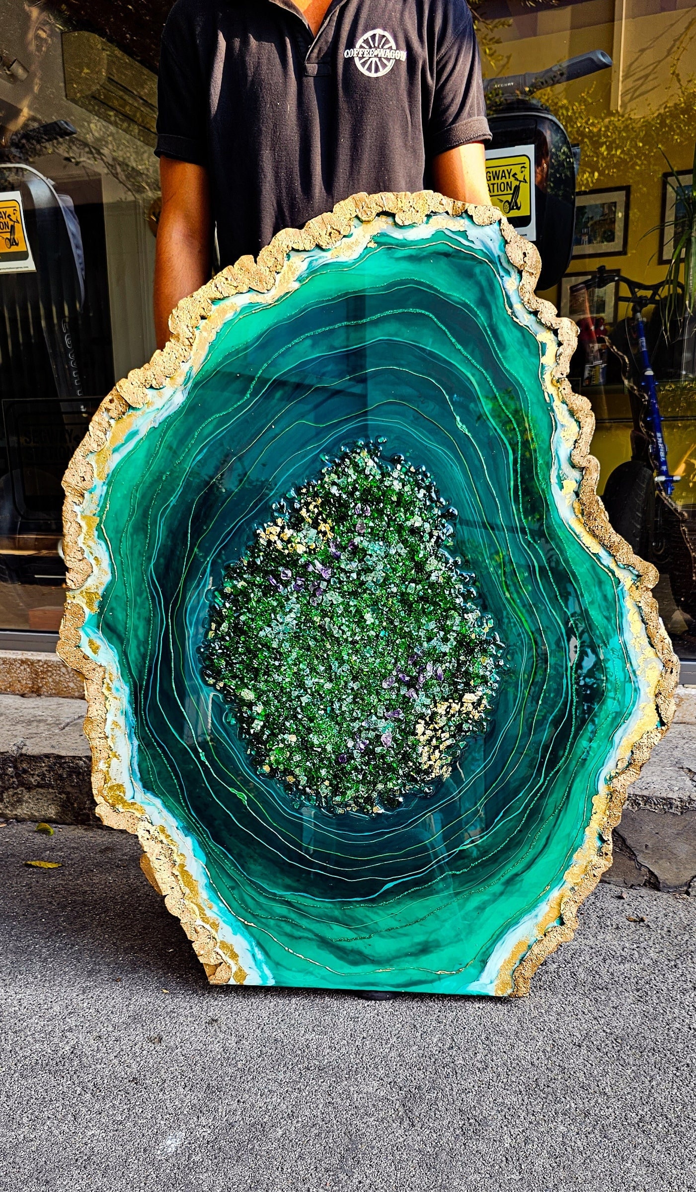 Emerald Green Geode Resin Painting: Large Crystal Wall Art